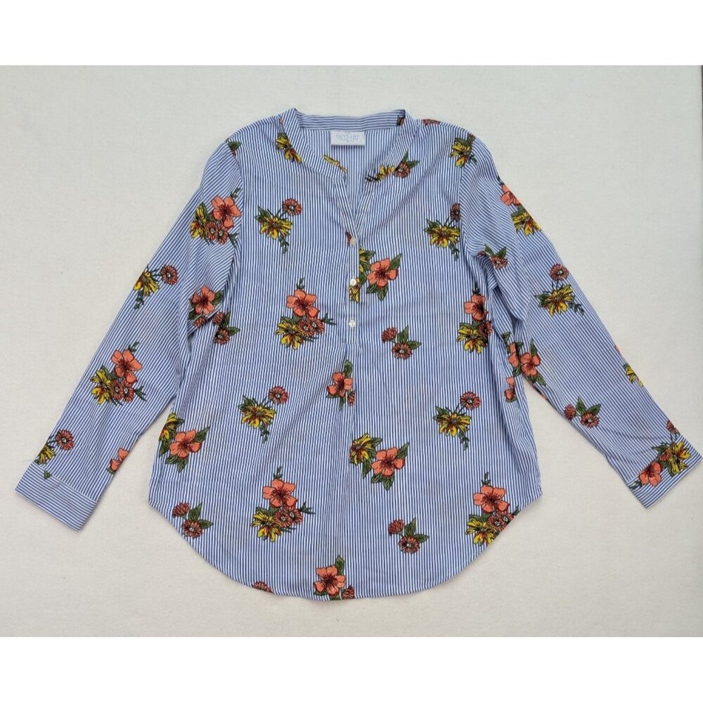 The Skyline Collection Women's Top Size XL Blue Striped Floral Print Long Sleeve